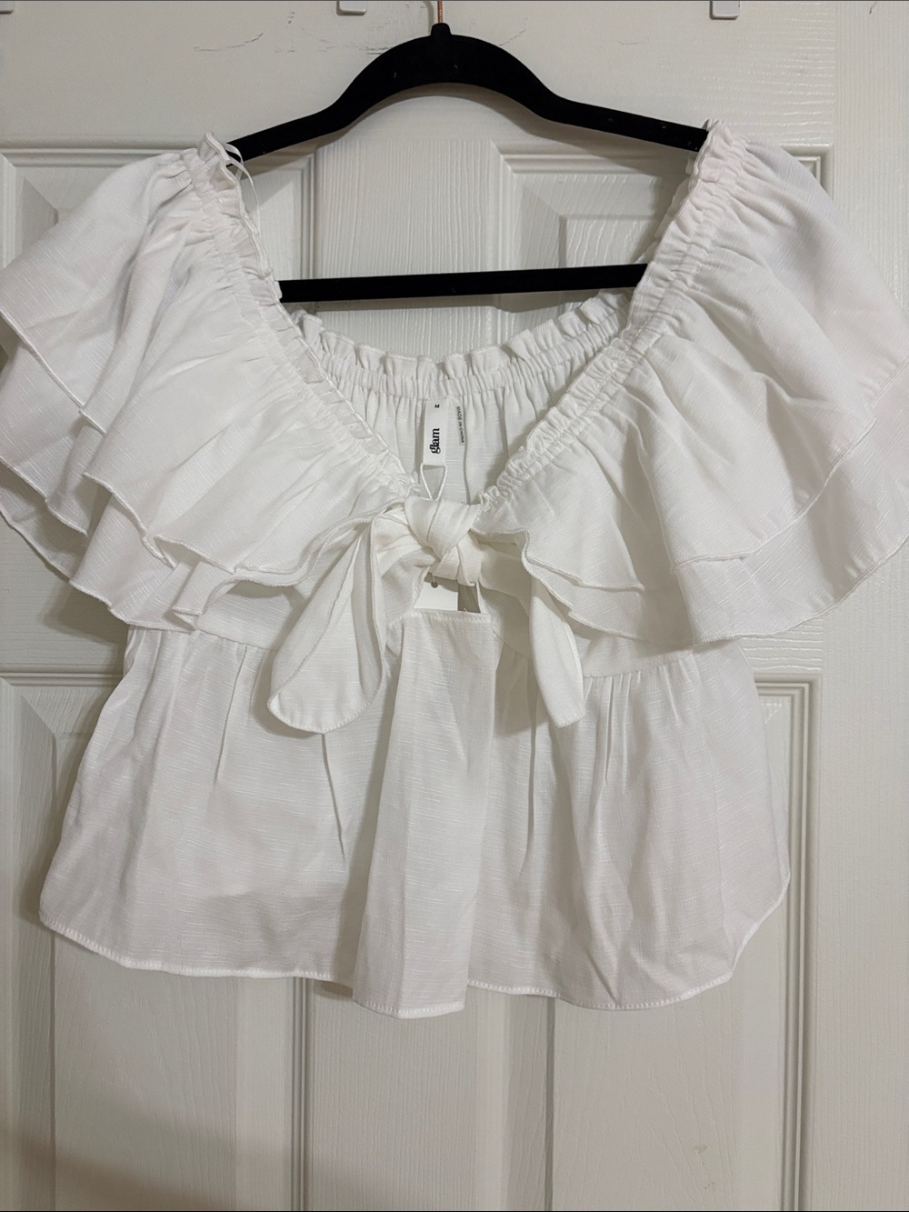 glam White Off-Shoulder Ruffle Tie-Front Blouse